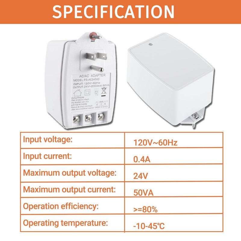 JAMHER 24 Volt Doorbell Transformer 24VAC 50VA 2083mA Plug in Transformer with PTC Fuse Compatible with Nest Ecobee Sensi and Honeywell Thermostat and All Versions of Ring Doorbell - Image 2